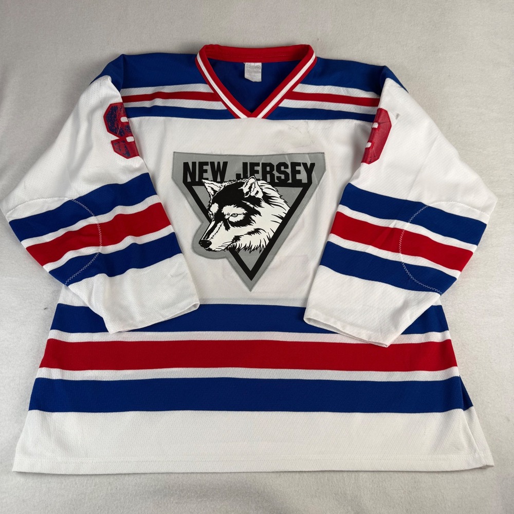 Athletic Knit New Jersey Wolf Hockey Jersey XL White Red Blue Striped Number 9